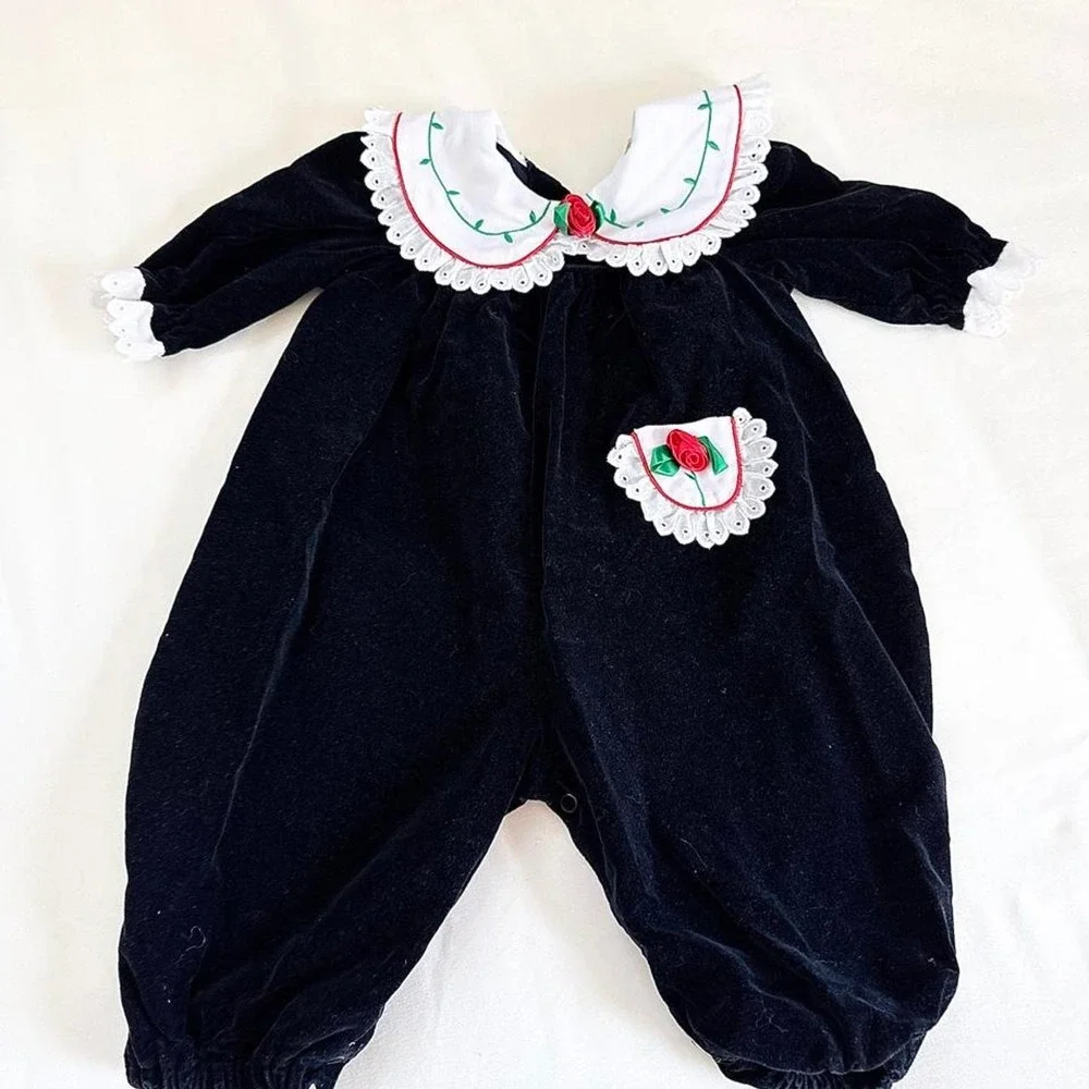 Vintage 90s size 6 to 9 months black velvet baby romper